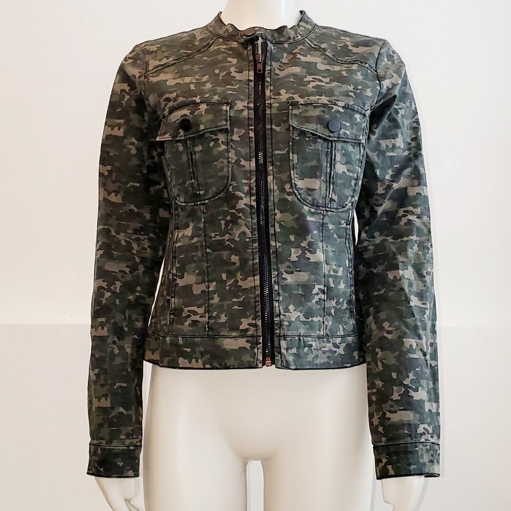 Sanctuary Zip Up Camo Moto Jacket Flap chest pockets Sz M cotton/spandex